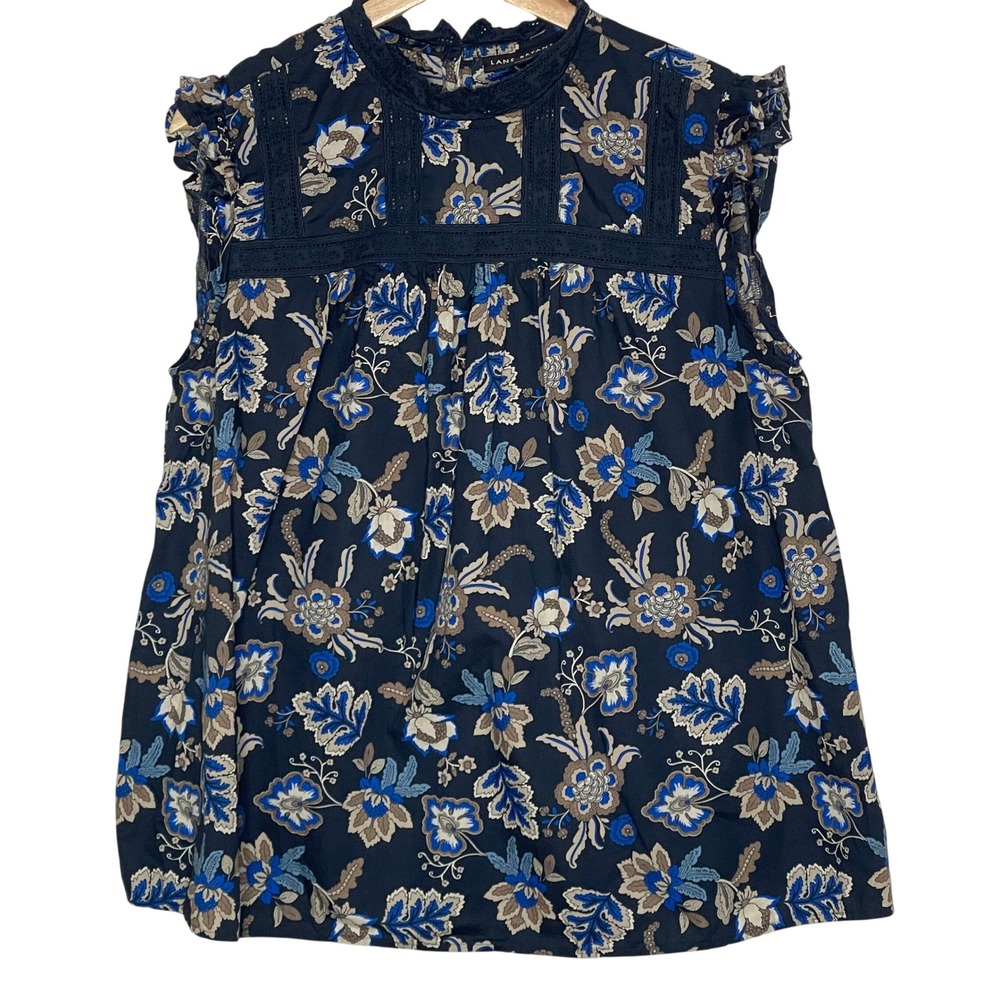 Lane Bryant Womens 16 Navy‎ Blue Floral Cotton Eyelet Lace Ruffle Sleeveless Top